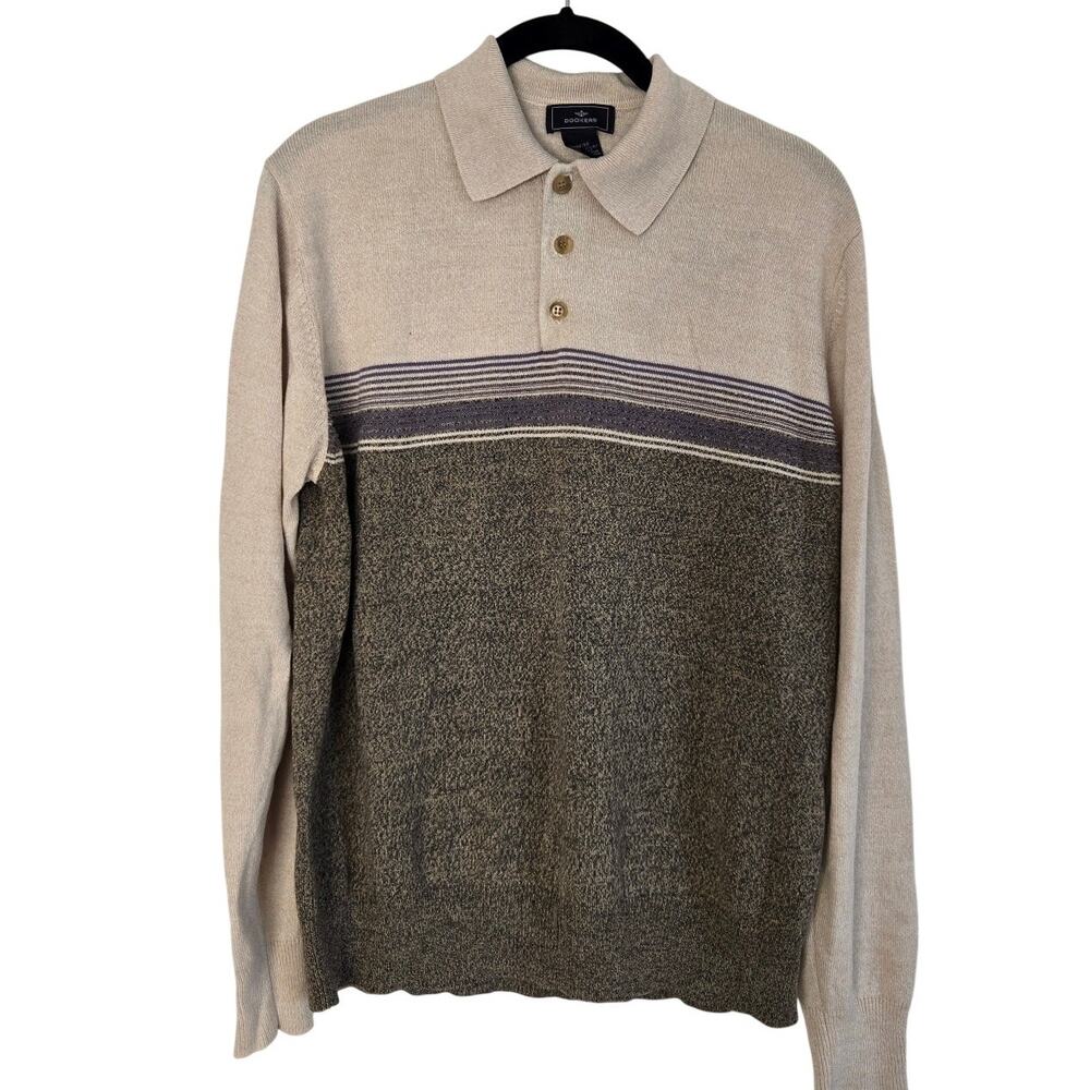 Y2K Dockers Beige Gray Striped Polo Collar Sweater Acrylic Knit Grandpacore M